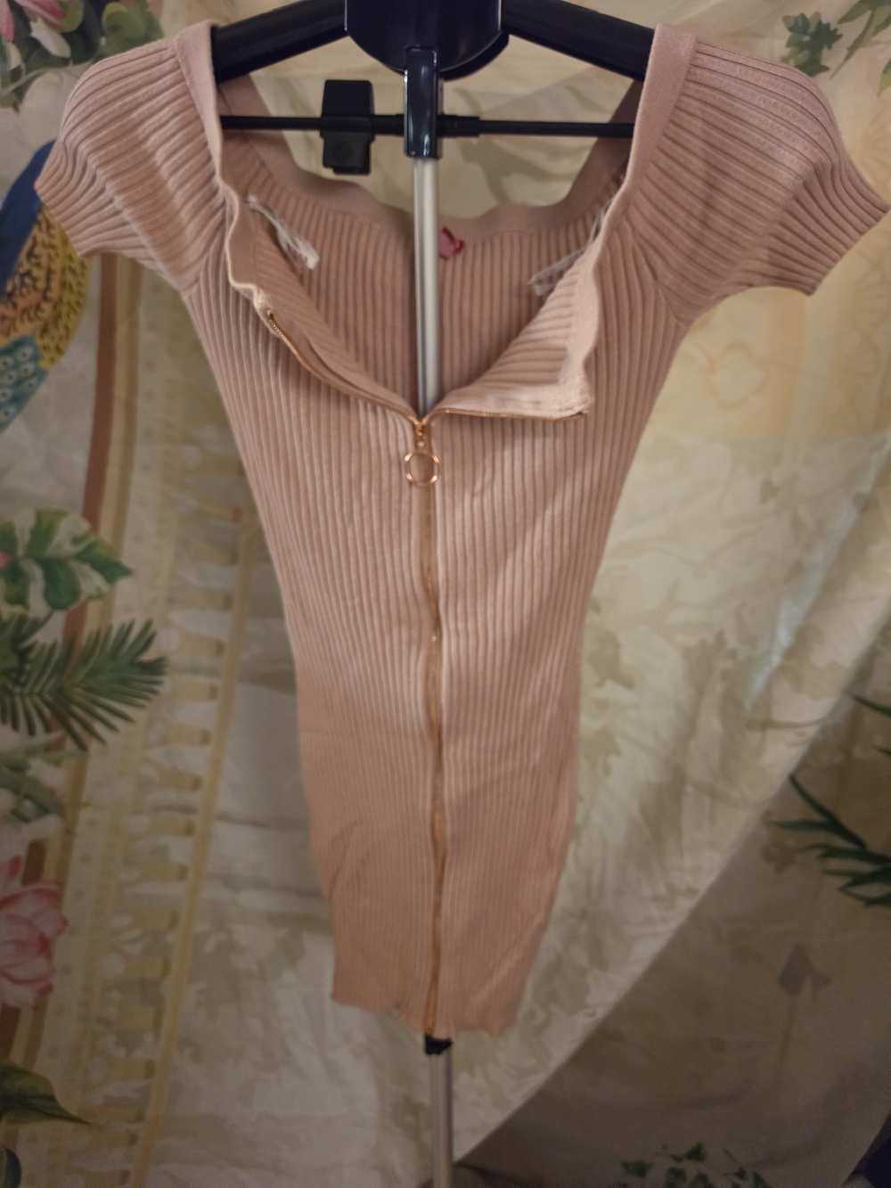 Guess Ribbed Zip-Front Off-Shoulder Mini Dress in Blush